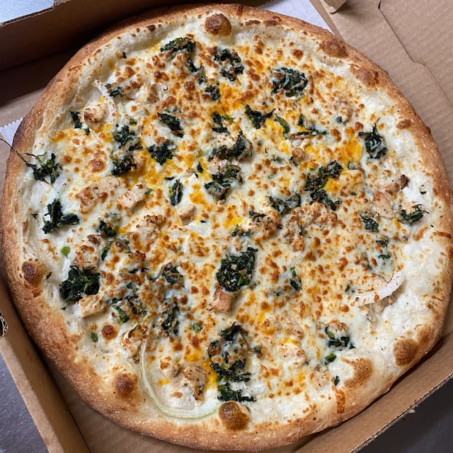 White Chicken Spinach Pizza.