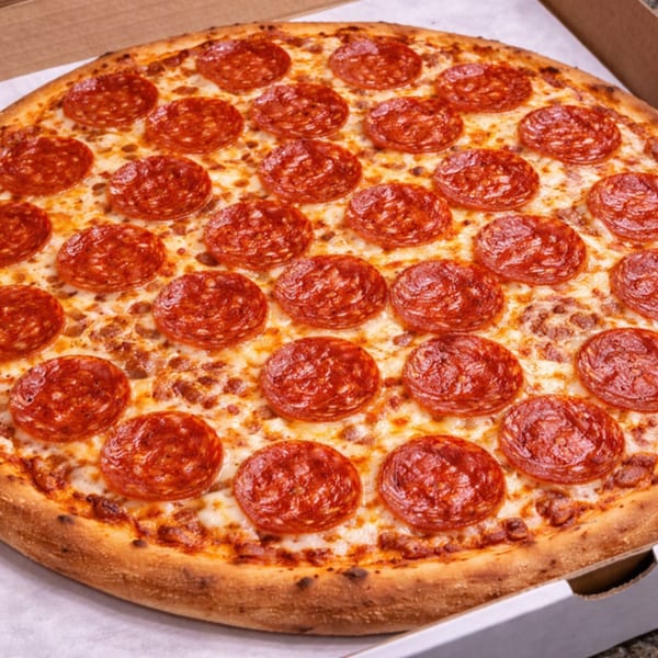 Close-up of a whole pepperoni pizza with melted cheese in a cardboard box.