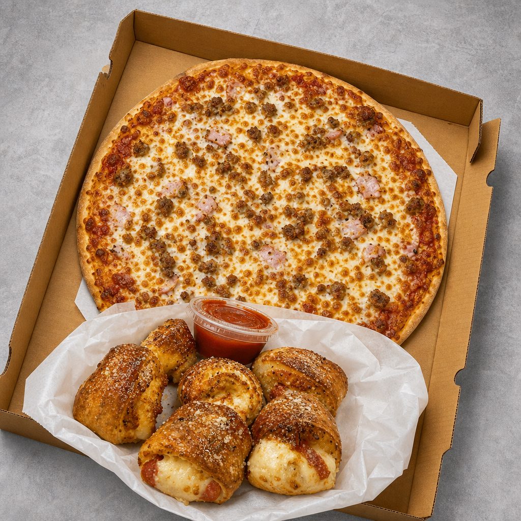 14" 3 Topping Vegan Pizza Plus Vegan Roll.