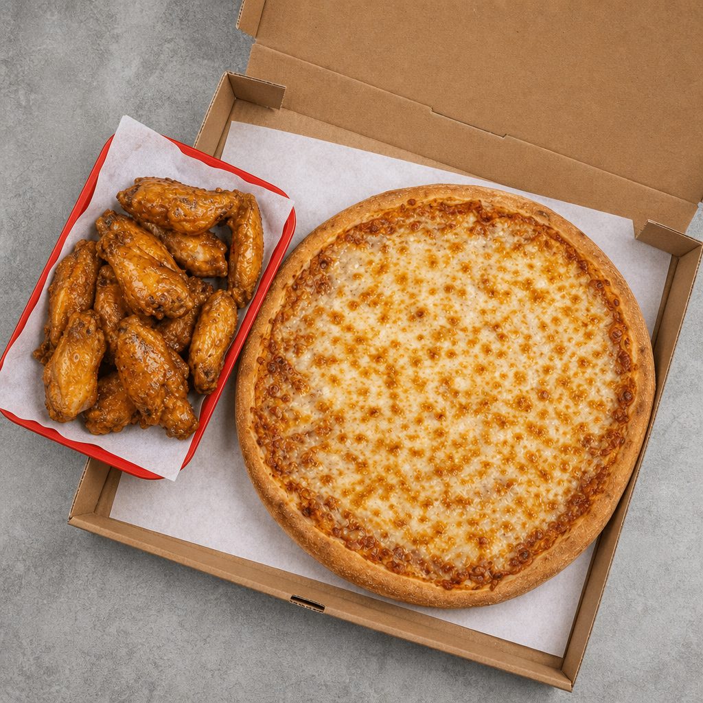 12" Cheese Pizza & 7 Wings.