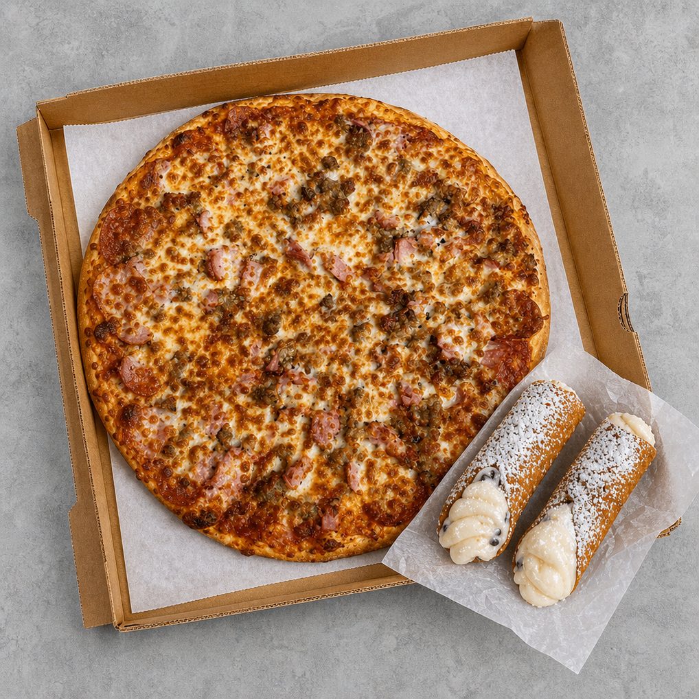14" 3-Topping Pizza & 2 Cannolis.