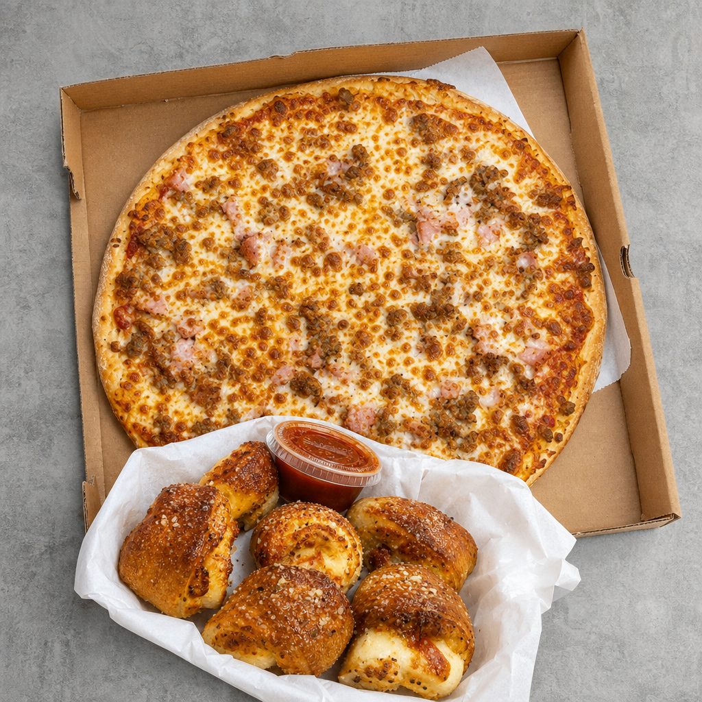 14" 3-Topping Pizza & Rolls.