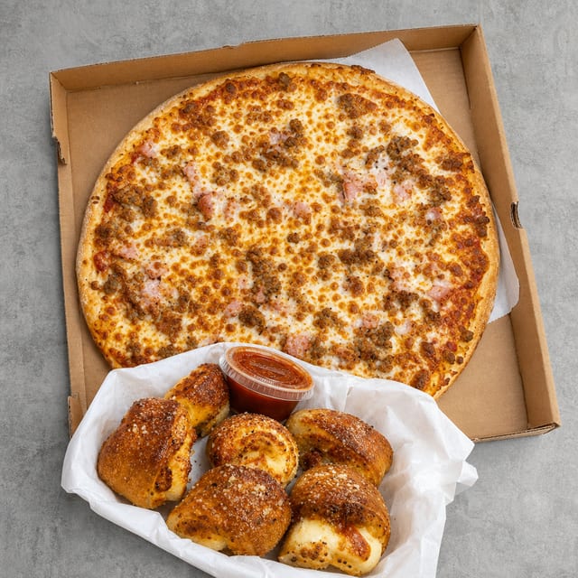 14" 3-Topping Pizza & Rolls.