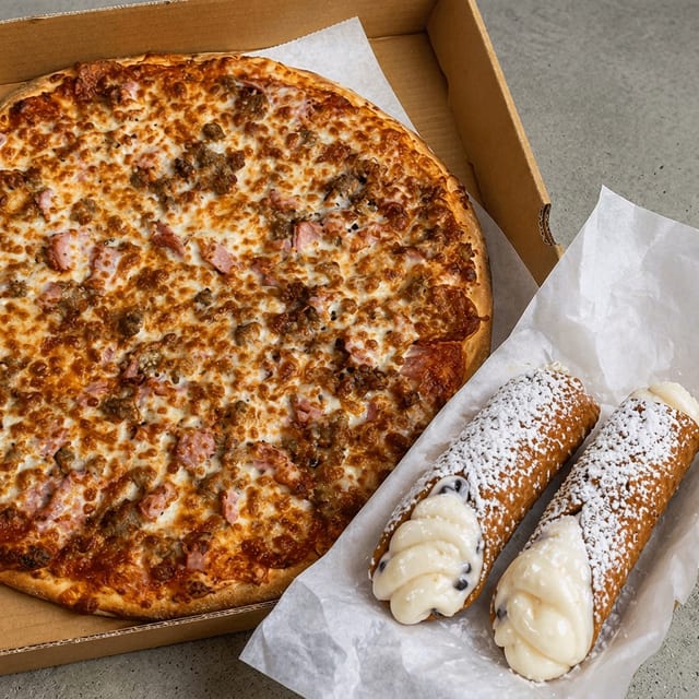 14" 3-Topping Pizza & 2 Cannolis.
