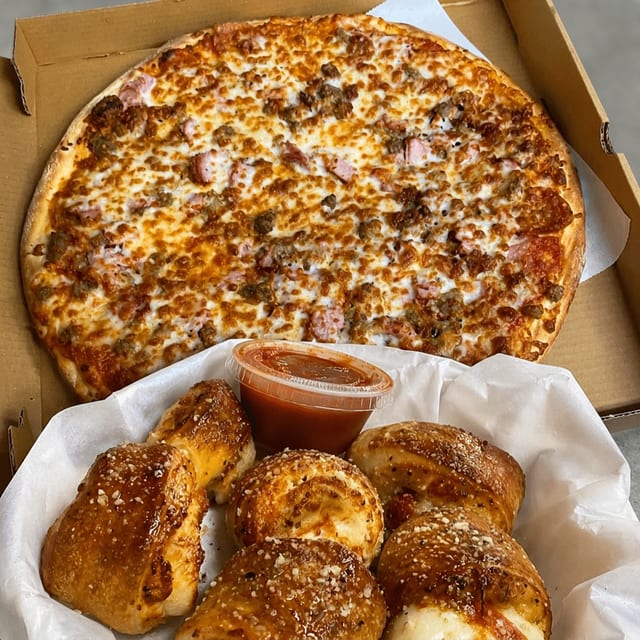 14" 3-Topping Pizza & Rolls.